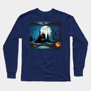 Dark Haunted House Halloween Party Festival Modern abstract design, pumpkin, magic night sky and more / Holiday Long Sleeve T-Shirt